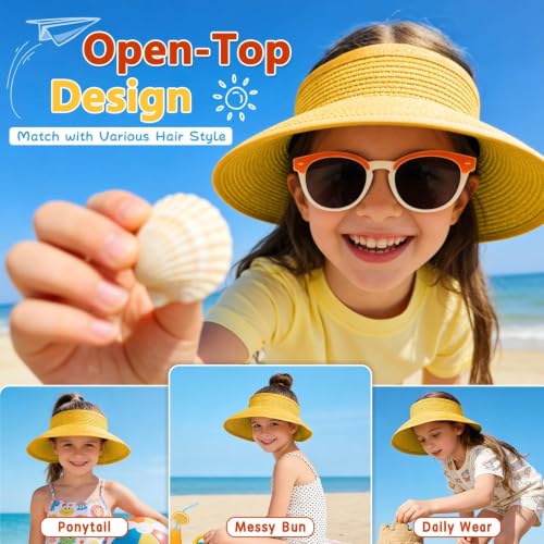 ZOORON Girls Straw Sun Visor Hat, Wide Brim Ponytail Beach Hat with Bow - color: Orange Yellow