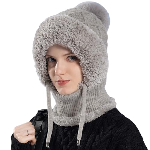 HUAMULAN Women Cable Knit Balaclavas Winter Fleece Lined Beanie Hat - color: Gray With String