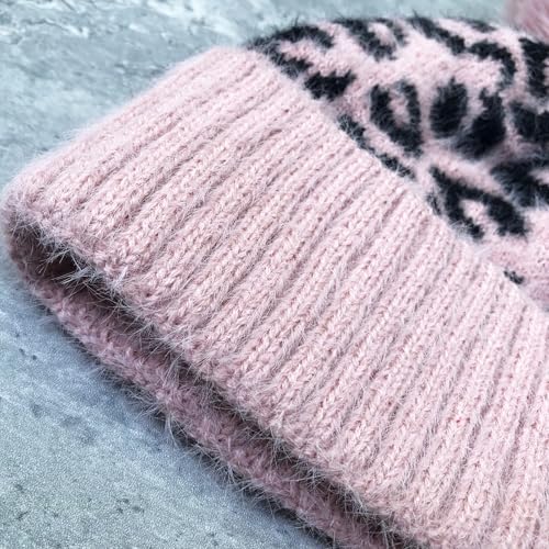 Unisex Adult Fuzzy Leopard Print Hat Cuffed Knitted Winter Warm Beanie with Faux Fur Pompom - color: Black