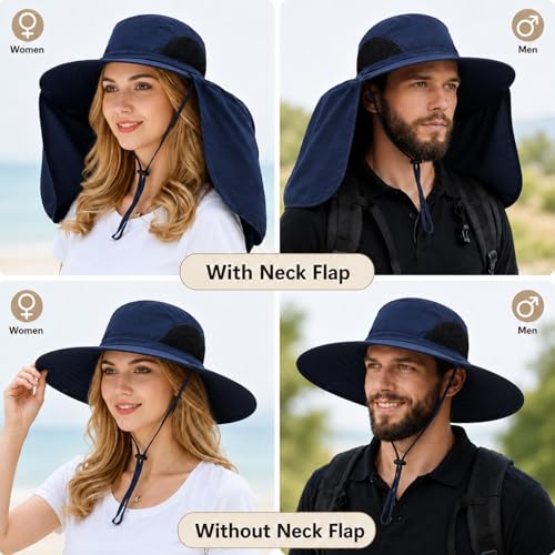 HUAMULAN Women Men Wide Brim Sun Hat Hiking Fishing Hats with Neck Flap - color: Navy Solid