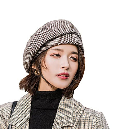 Women Winter Classic Beret Hat Newsboy Cap Painter Hats Houndstooth Beret Hats - color: Py06 Coffee