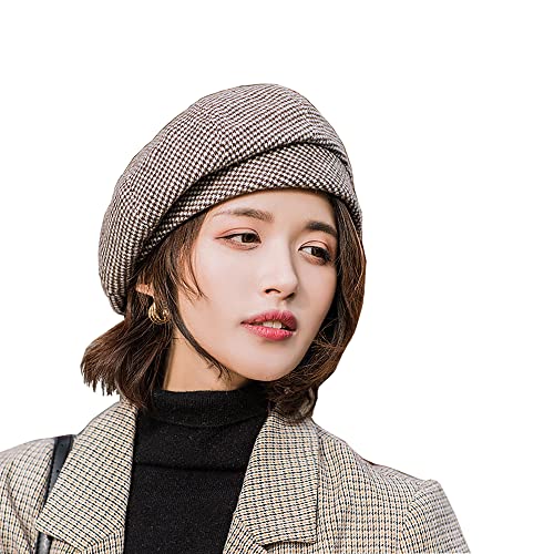 Women Winter Classic Beret Hat Newsboy Cap Painter Hats Houndstooth Beret Hats - color: Py06 Coffee