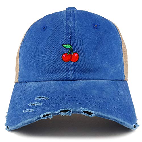 Trendy Apparel Shop Cherry Patch Pigment Dyed Mesh Back Frayed Bill Trucker Cap - color: Royal