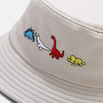 XYIYI Fashion Embroidery Bucket Hat Cotton Beach Fisherman Hats for Women Girls - color: Little Dinosaur Beige