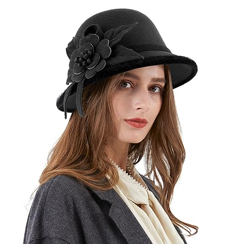 Ladies Wool Felt Bucket Hat Women Vintage Cloche Fedora Winter Church Bowler Hat with Bow - color: Black Flower