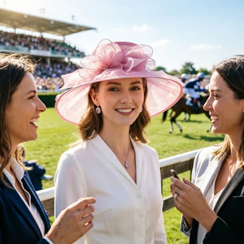 AQOKKA Women Organza Church Fascinators Kentucky Derby Hats for Women and Girls Wedding Flower Tea Party Hat with Wide Brim - color: Pink