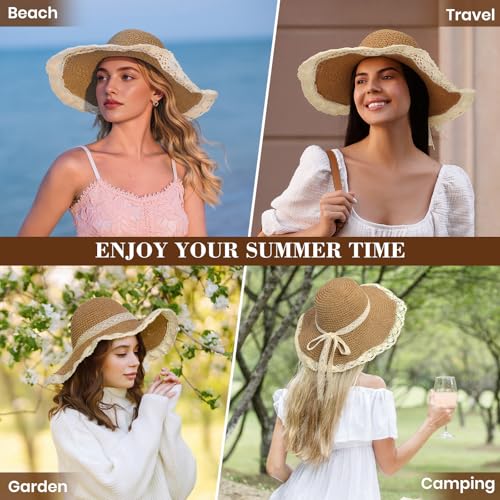 Beach Hats for Women, UPF 50+ Packable Floppy Lace Trim Sun Hat - color: Khaki