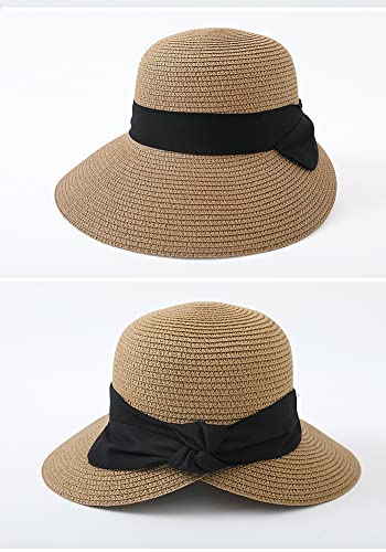 Summer Beach Sun Straw Hats for Women Wide Brim Packable Travel Bucket Hats UPF 50+ - color: Beige Cream, With Black Band