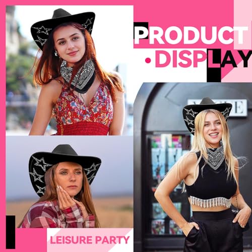 SHENYI Cowgirl Hat and Bandana and Heart Sunglasses Glitter Rhinestone Star Cowboy Hat Western Sparkly Hats for Women Men - color: Cowgirl Black
