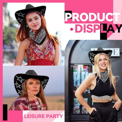SHENYI Cowgirl Hat and Bandana and Heart Sunglasses Glitter Rhinestone Star Cowboy Hat Western Sparkly Hats for Women Men - color: Cowgirl Black