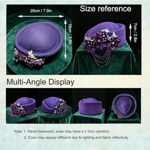 Women's Retro British Felt Headscarf Hat Church Derby Headdress with Floral Women's Soft Beret - color: 02 Deep Eggplant Purple