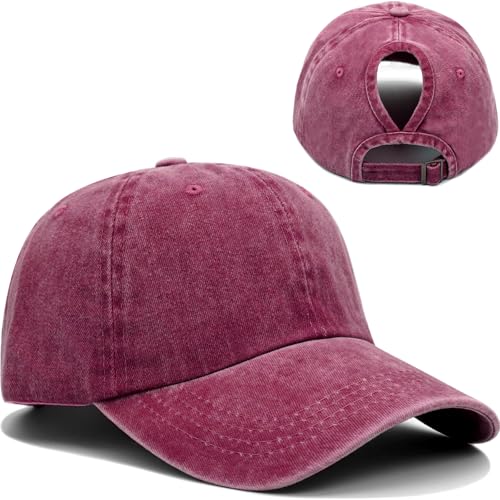 Women Washed Baseball Cap Vintage Blank Hat with Ponytail Hole - color: Wine Red
