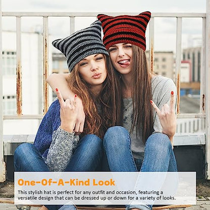 Women Beanie Warm Winter Hats, Soft Knit Lazy Beanie for Women, Women Cat Beanie，Women Fox hat, Slouchy Beanies for Women - color: 2pcs Purple Green & Black