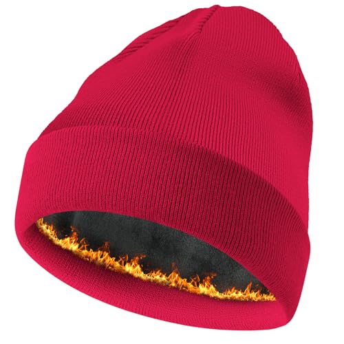 ROYBENS Warm Wool Beanie for Men Women, Thick Fleece Lined Knit Winter Hat - color: 1pcs Red