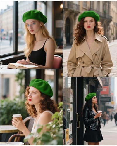 French Beret Hats for Women - Wool Solid Color Beanie Cap - color: Apple Green