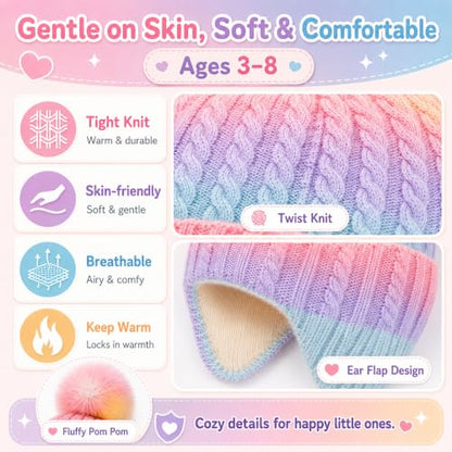 Girls Rainbow Earflap Beanie, Kids Pom Pom Knit Winter Ski Hat Ages 3-8 - color: Pompom - Multicolor