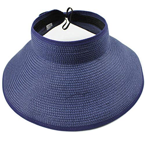 Womens Foldable Straw Sun Visor, Packable Roll‑Up Beach Hat with Wide Brim - color: Navy Blue