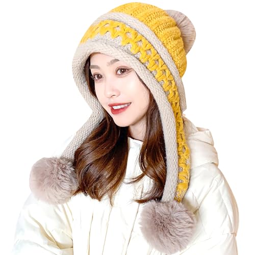 HUAMULAN Women Winter Peruvian Beanie Hat Ear Flaps Fleece Lining - color: Yellow