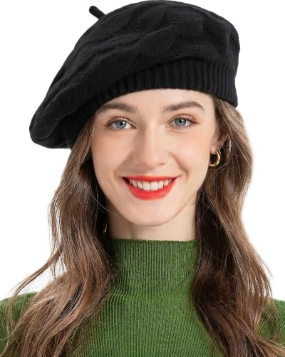 ZLYC Women French Beret Hat Reversible Solid Color Knit Warm Artist Cap - color: Cable Pattern Black