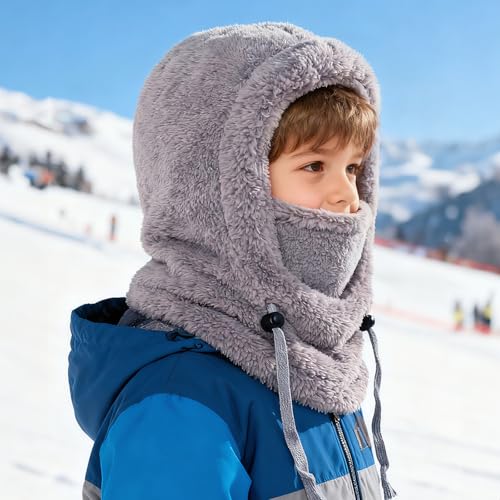 Kids Winter Fleece Hats Child Balaclava Ski Mask Windproof Warm Hat for Boy Girl - color: Light Gray