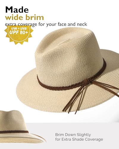 FURTALK Womens Wide Brim Sun Hat Beach Panama Fedora Straw Summer - color: New Beige, size: Large-X-Large