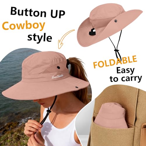 ZOORON Women's Ponytail Safari Sun Hat,Wide Brim UV Protection Bucket Hat - color: 1-purepink