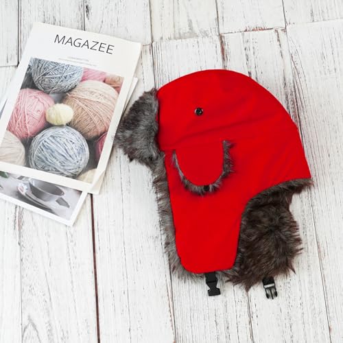 ONWAY Trapper Hat Winter Hats for Women Men with Faux Fur Ear Flaps - color: Solid Red