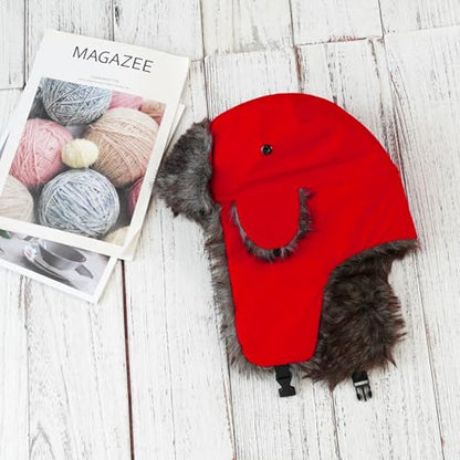 ONWAY Trapper Hat Winter Hats for Women Men with Faux Fur Ear Flaps - color: Solid Red