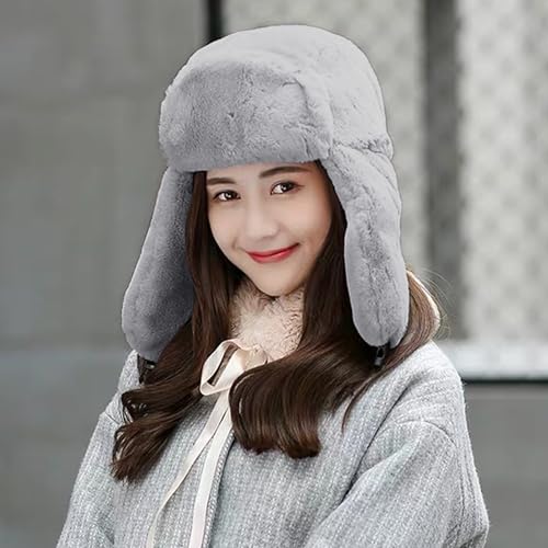 Womens Faux Fur Fuzzy Trapper Hat Winter Ear Flap Trooper Aviator Hat - color: Grey