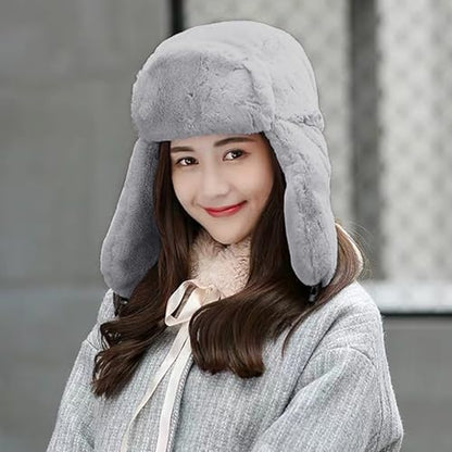 Womens Faux Fur Fuzzy Trapper Hat Winter Ear Flap Trooper Aviator Hat - color: Grey