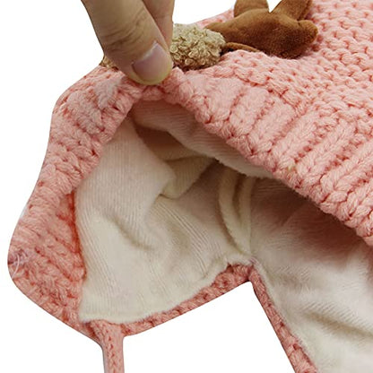AIBEARTY Cute Deer Elk Antlers Baby Hat Winter Warm Plush Knitted Ear Warmer Bonnet Boys Girls Cap Beanie with Chin Strap - color: Pink