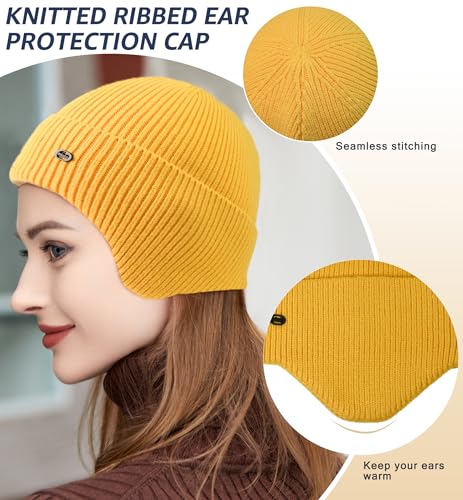 HiRui Knit Beanie Hats Winter Hats Ear Covers for Men Women-Warm Daily Headwear - color: Yellow