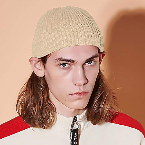 50% Wool Knit Short Fisherman Beanie for Men Women Warm Winter Hat - color: #Beige