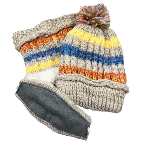 Ypser Women's Winter Warm Knitted Crochet Hat Fleece Lined Cable Faux Fur Pom Pom Beanie Hat Skull Cap - color: Beige 3 Pcs Set (Hat & Scarf & Face Mask)