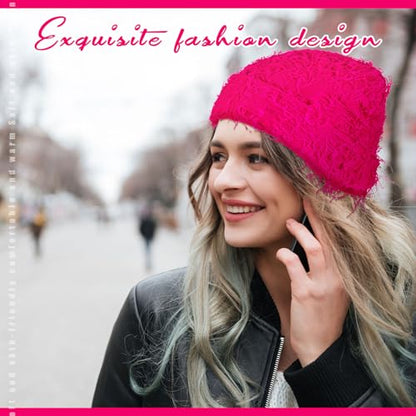 Chuarry Distressed Knitted Beanie Fuzzy Winter Hat - color: Rose Red