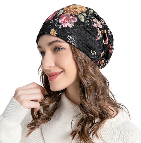 ZLYC Women Lightweight Fleece Slouchy Beanie Warm Winter Hat Chemo Headwear - color: Flower and Butterfly Black
