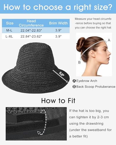 Sun Hats for Women, Summer Beach Straw Wide Brim Bucket Hat - color: Black, size: Large