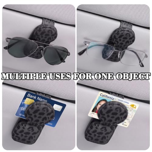 Dual Clip Car Sunglasses Holder, Applicable to Most Eyeglasses, Magnetic Leather Sun Glasses Mount Clip on Visors, Holds 2 Pairs of Glasses, Car Interior Visor Accessories (Leopard-Black)