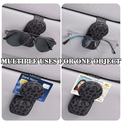 Dual Clip Car Sunglasses Holder, Applicable to Most Eyeglasses, Magnetic Leather Sun Glasses Mount Clip on Visors, Holds 2 Pairs of Glasses, Car Interior Visor Accessories (Leopard-Black)