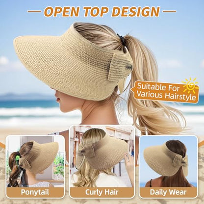 Sun Hats for Women Wide Brim Straw Sun Visors Ponytail Hat - color: Beige