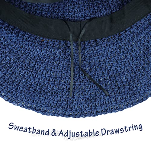 Women Sun Hat Wide Brim Floppy Beach Hat Breathable UV UPF 50+ Straw Hat Foldable Packable Summer Outdoor Cap - color: Navy Blue