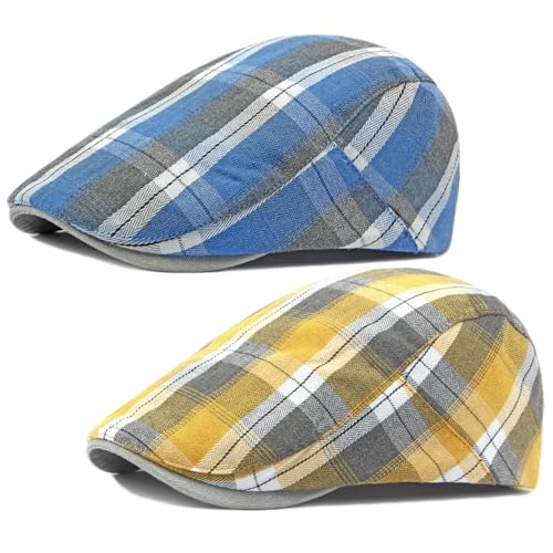 2 Pack Mens Newsboy Flat Cap Plaid Ivy Gatsby Cabbie Driving Golf Hat Beret - color: 2 Pcs Set G