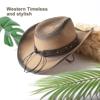 AQOKKA Straw Cowboy Hats for Women Men Western Cowgirl Hats with Shapeable Brim Woven Hollow Out Unisex Beach Roll Up Caps - color: Spray-painted Cowboy Hats : Khaki+black