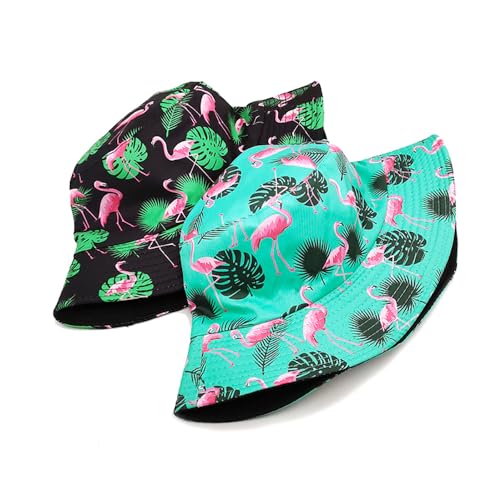 Printed Bucket Hat - Reversible Packable Summer Travel Beach Sun Cap for Men Women Teens - color: Flamingo Leaves