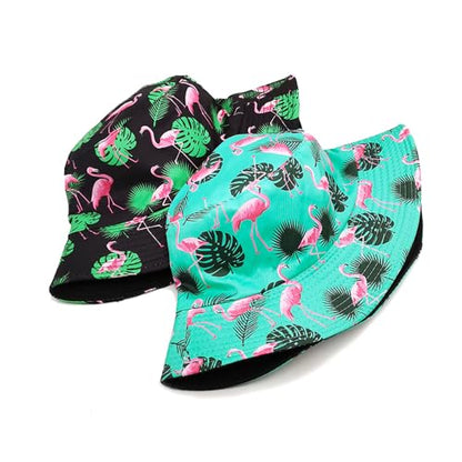 Printed Bucket Hat - Reversible Packable Summer Travel Beach Sun Cap for Men Women Teens - color: Flamingo Leaves