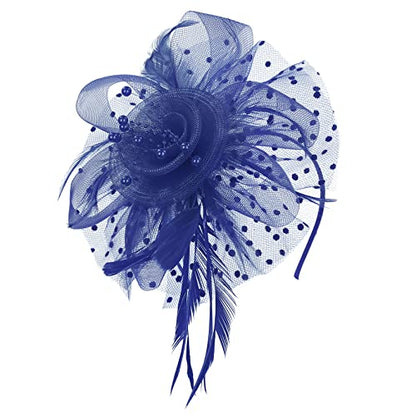 Century Star 2026 Kentucky Hat Derby Fascinator for Women Tea Party Flower Mesh Ribbons Feathers Headband Hair Clips - color: Navy
