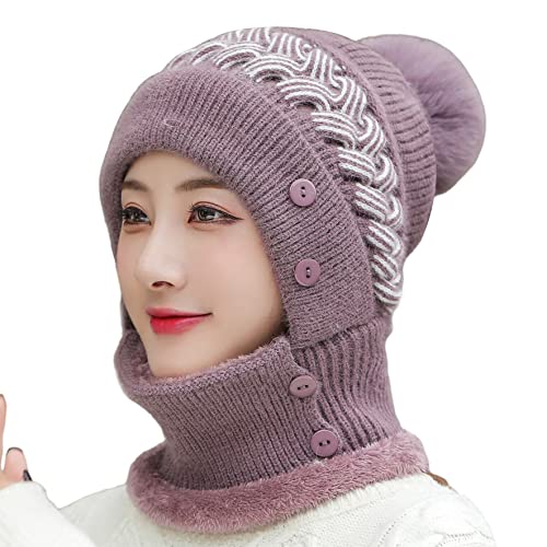 HUAMULAN Women Winter Knit Balaclava Fleece Lined Hooded Beanie Hats - color: Purple, size: One Size