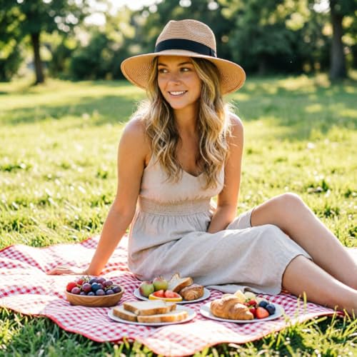 DRESHOW Women Straw Panama Hat Travel Fedora Beach Sun Hat Summer Wide Brim Straw Roll up Hats UPF 50+ - color: Fedora a Khaki