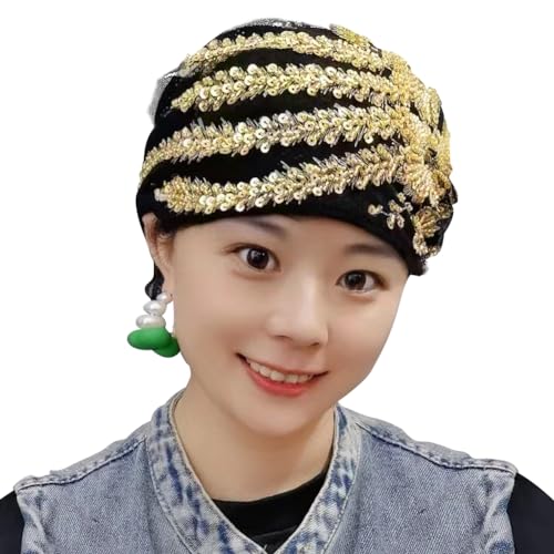 haozaikeji Women Flower Turban Hat Rhinestones Muslim Islamic Head Wrap African Pearl Turban Soft Stretchy Head Cover - color: Black-silver