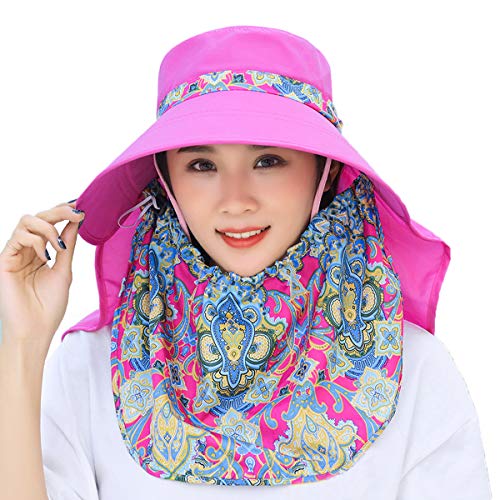 Women Wide Brim Face Mask Sun Hat Detachable Neck Face Flap Ponytail UV Protection Visor Hat Garden Fishing Hiking - color: M9099-hot-pink